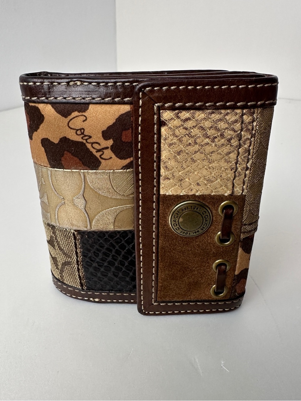Vintage Coach Y2K Patchwork Leopard Python Compact Trifold Wallet